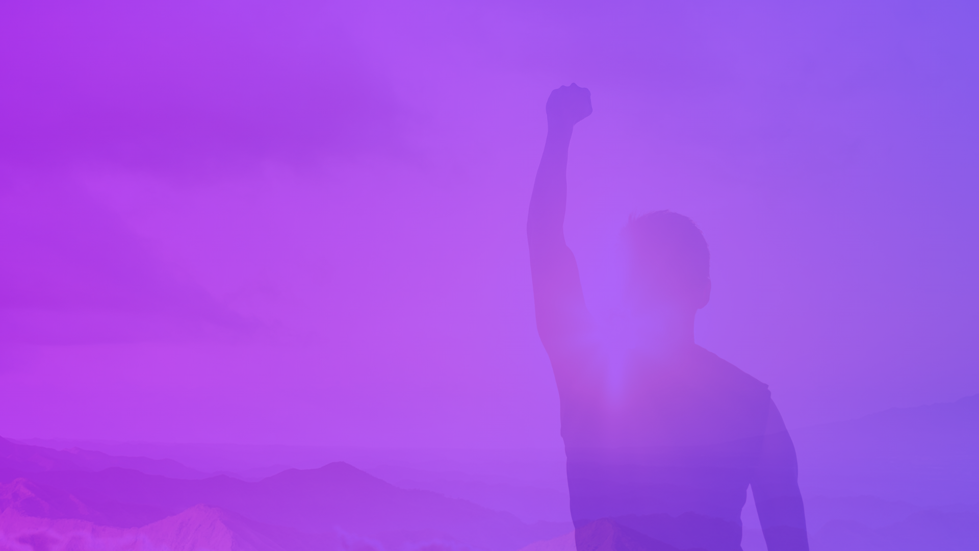 Purpose at work — silhouette raising a fist toward the sky in purple light
