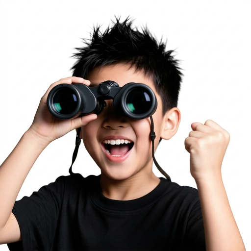 Boy looking through binoculars with delight