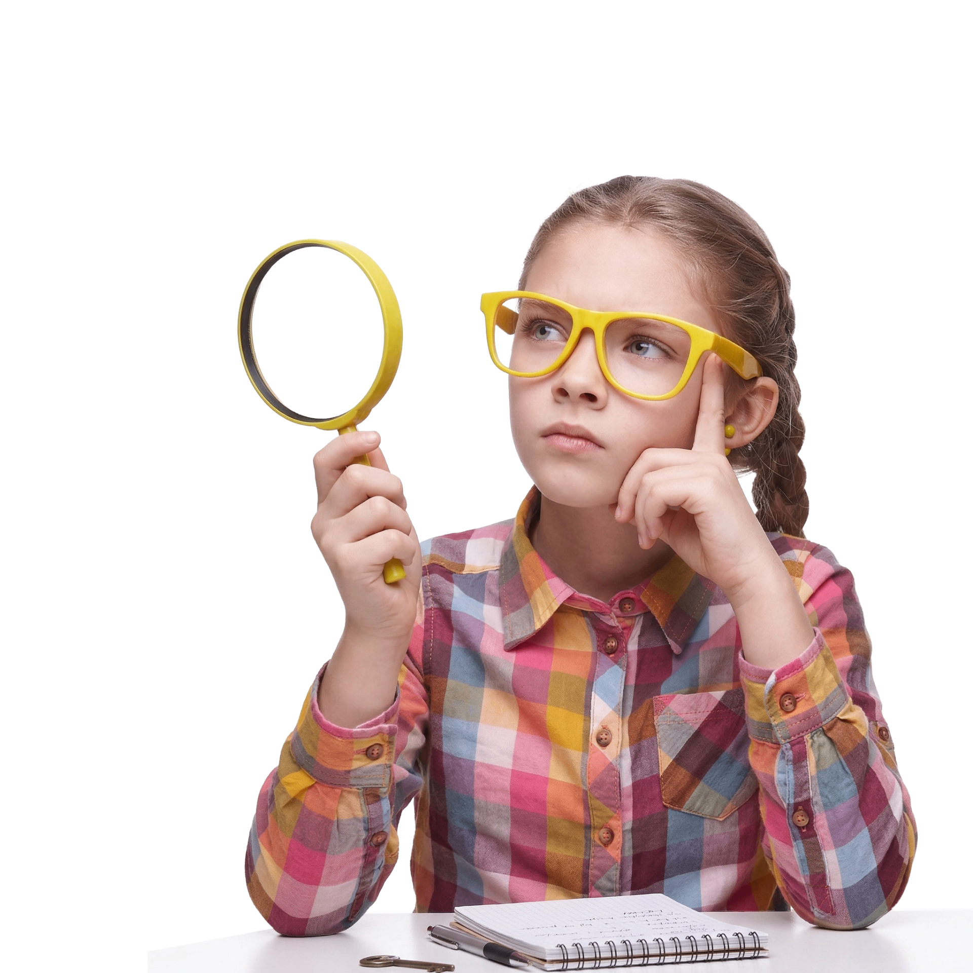 Young thought-detective with yellow glasses and a magnifying glass